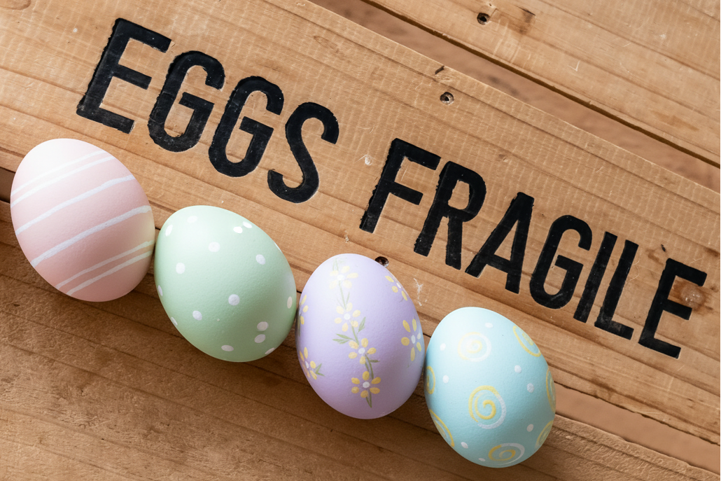 Decorative easter eggs on a wooden surface with 'EGGS FRAGILE' text