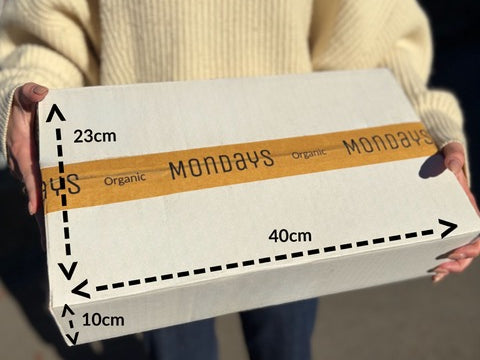 A person in a cream ribbed sweater holds a white cardboard box with a paper band printed with the brand name 'MONDAYS Organic'. Black dashed lines and text overlays show the box's dimensions: 40cm length, 23cm height, and 10cm width.