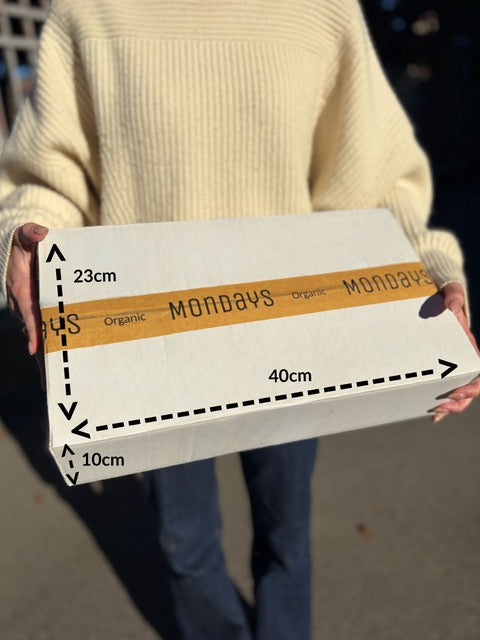 A person in a cream ribbed sweater holds a white cardboard box with a paper band printed with the brand name 'MONDAYS Organic'. Black dashed lines and text overlays show the box's dimensions: 40cm length, 23cm height, and 10cm width.